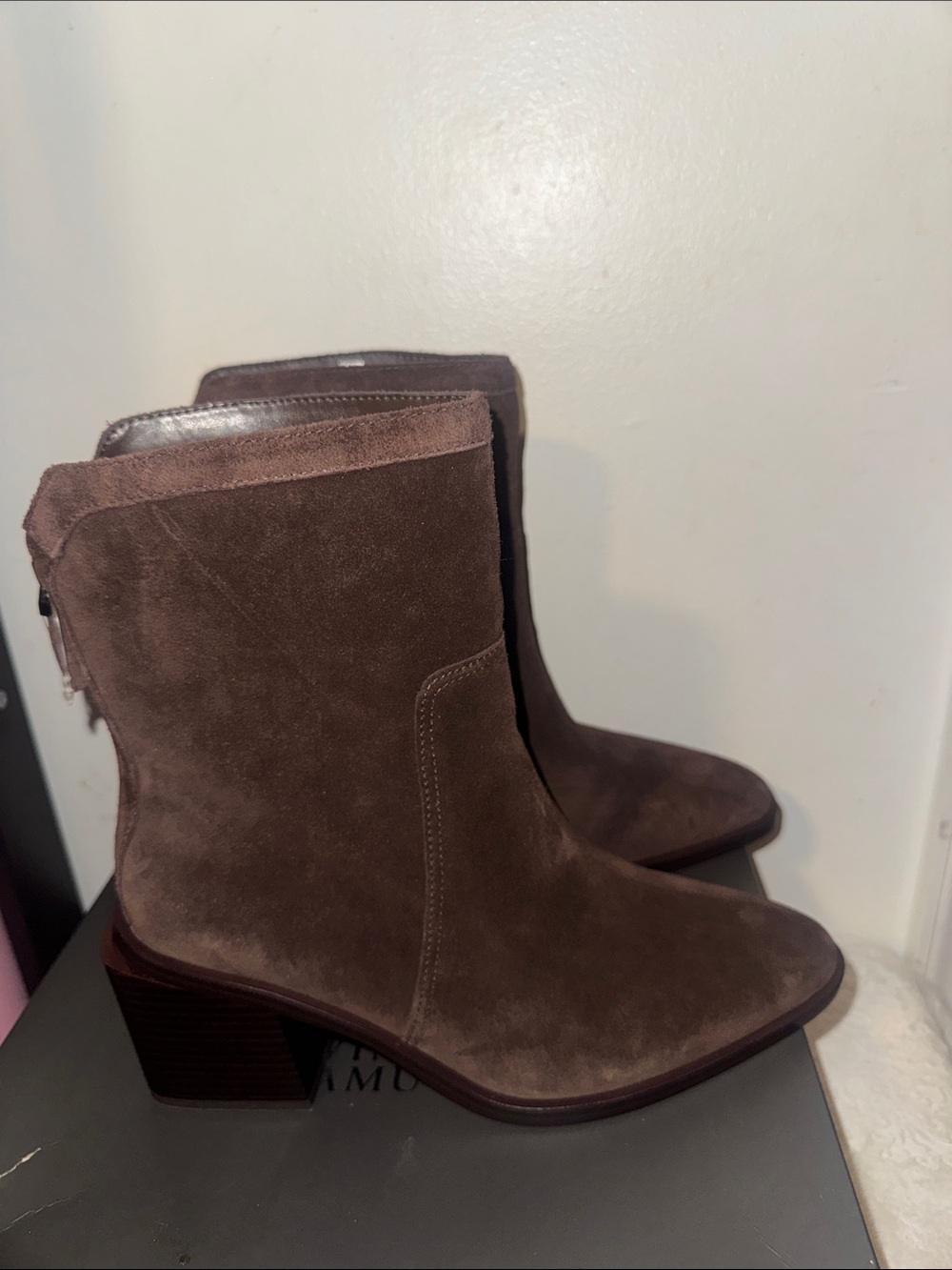 Vince Camuto Taupe Suede Ankle Booties with Block Heel